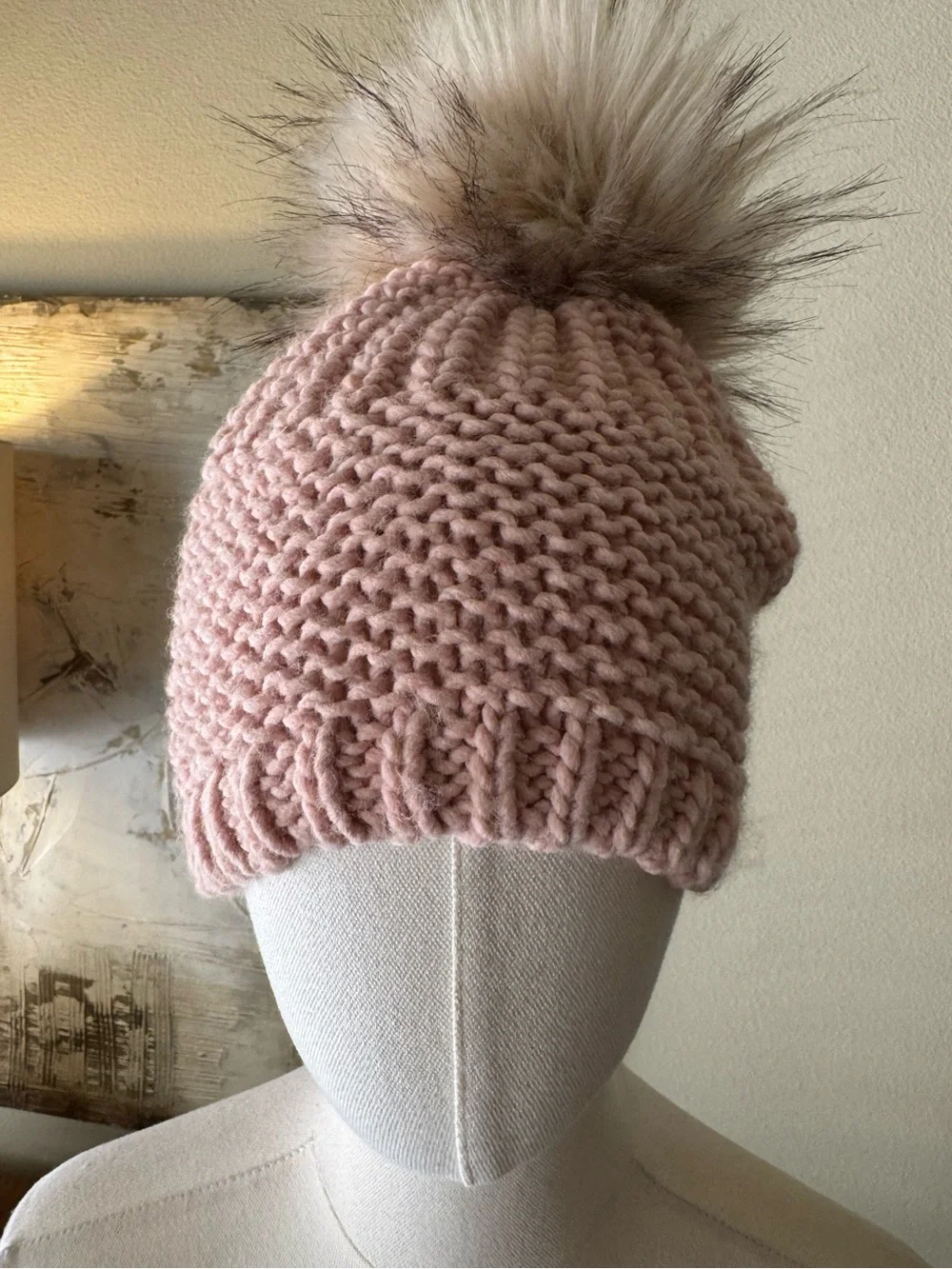 Blush Pink Italian Chunky Knit Beanie with Fur Pom